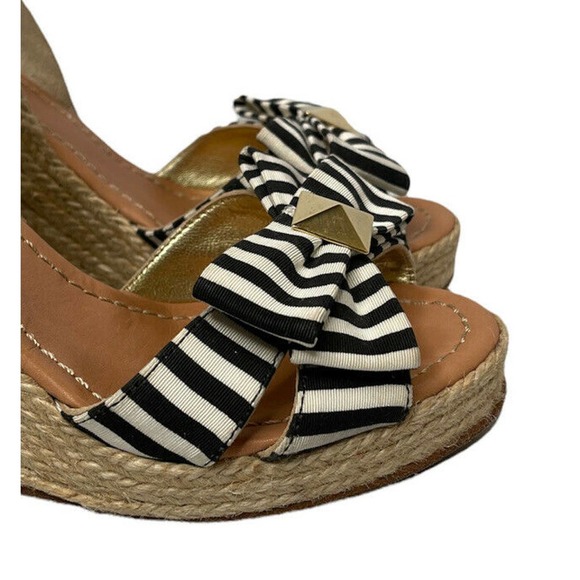 Kate Spade Carmelita Black White Stripe Bow Espadrille Nautical Wedge Sandals 7 - Picture 3 of 12